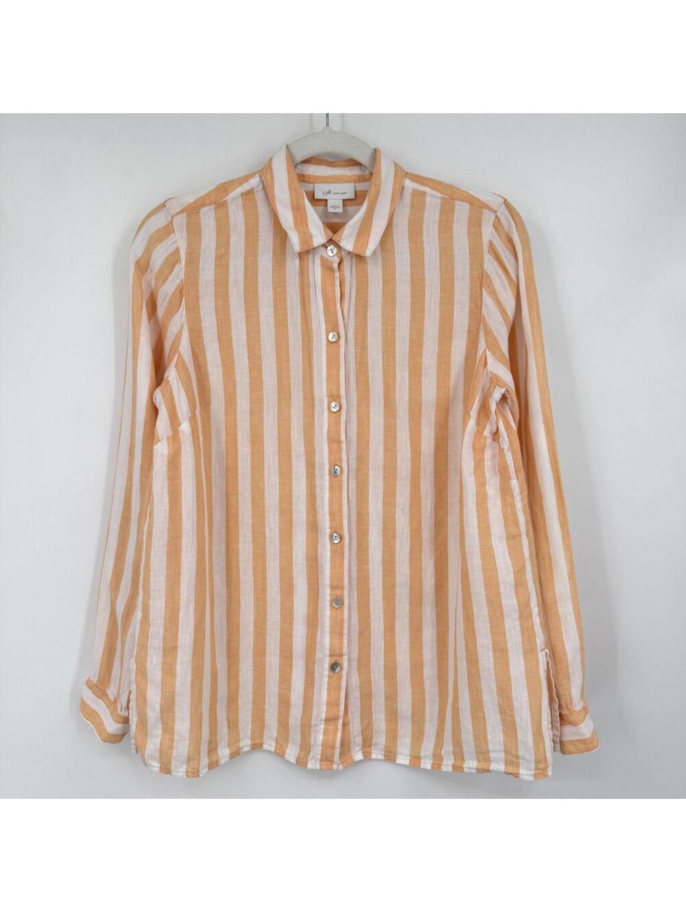 Women's J. Jill Orange and White Linen Striped Button Front Top XS Extra Small